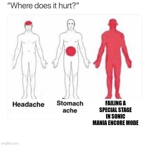 Where does it hurt | FAILING A SPECIAL STAGE IN SONIC MANIA ENCORE MODE | image tagged in where does it hurt | made w/ Imgflip meme maker