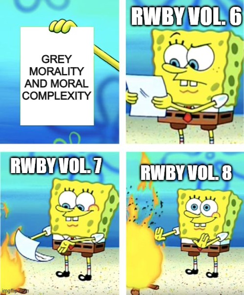 Spongebob Burning Paper | RWBY VOL. 6; GREY MORALITY AND MORAL COMPLEXITY; RWBY VOL. 7; RWBY VOL. 8 | image tagged in spongebob burning paper | made w/ Imgflip meme maker