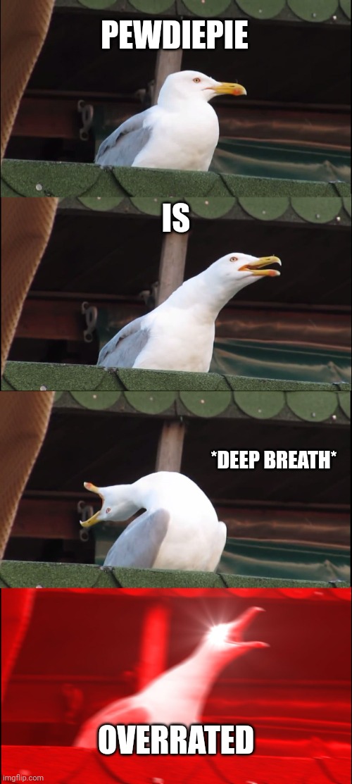 Seagull Roasts Pewdiepie |  PEWDIEPIE; IS; *DEEP BREATH*; OVERRATED | image tagged in memes,inhaling seagull,pewdiepie | made w/ Imgflip meme maker