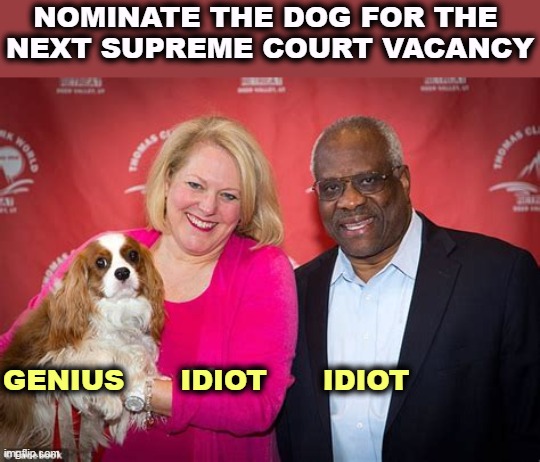 We know who's got the brains in this outfit. | NOMINATE THE DOG FOR THE 
NEXT SUPREME COURT VACANCY; GENIUS      IDIOT      IDIOT | image tagged in clarence and ginny thomas the dog is the smartest of the three,clarence,thomas,moron,dog,smart | made w/ Imgflip meme maker