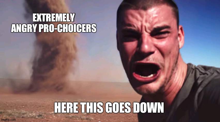 Massive harassment is about to begin since nobody wants a compromise | EXTREMELY ANGRY PRO-CHOICERS; HERE THIS GOES DOWN | image tagged in here it comes,abortion | made w/ Imgflip meme maker