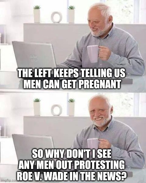 Wait....what? | THE LEFT KEEPS TELLING US 
MEN CAN GET PREGNANT; SO WHY DON'T I SEE ANY MEN OUT PROTESTING ROE V. WADE IN THE NEWS? | image tagged in hide the pain harold,liberals,democrats,leftists,scotus,term | made w/ Imgflip meme maker