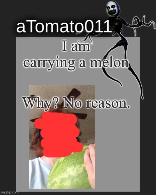 Melon selfie | I am carrying a melon; Why? No reason. | image tagged in atomato011's template | made w/ Imgflip meme maker