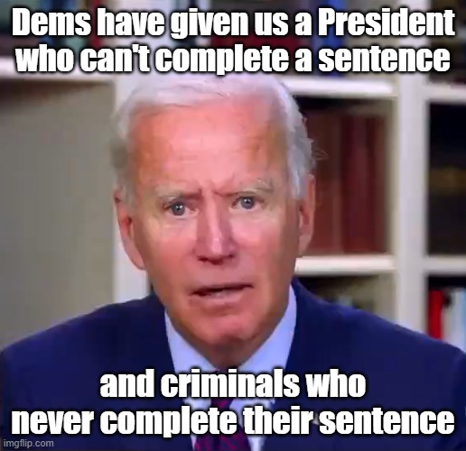 sentence | Dems have given us a President who can't complete a sentence; and criminals who never complete their sentence | image tagged in slow joe biden dementia face | made w/ Imgflip meme maker