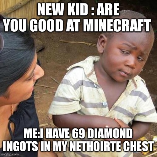 Minecraft pro | NEW KID : ARE YOU GOOD AT MINECRAFT; ME:I HAVE 69 DIAMOND INGOTS IN MY NETHOIRTE CHEST | image tagged in memes,third world skeptical kid | made w/ Imgflip meme maker