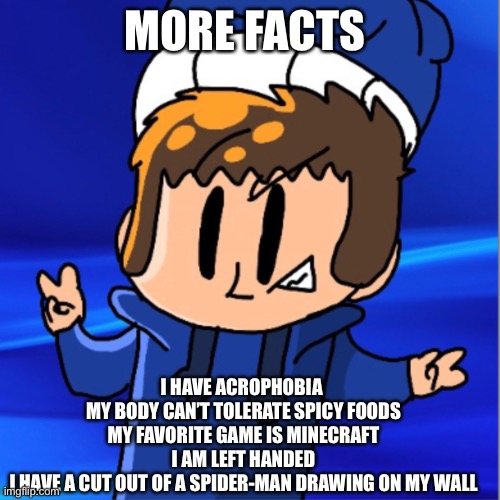 MORE FACTS; I HAVE ACROPHOBIA 
MY BODY CAN’T TOLERATE SPICY FOODS
MY FAVORITE GAME IS MINECRAFT
I AM LEFT HANDED
I HAVE A CUT OUT OF A SPIDER-MAN DRAWING ON MY WALL | made w/ Imgflip meme maker