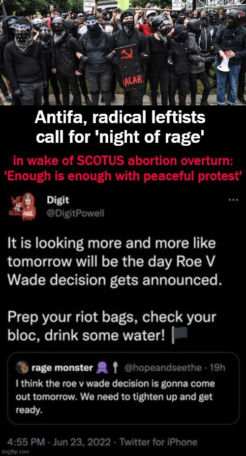 I call for 'Night of Reason' & lock-up & punishment for non-peaceful protest. | Antifa, radical leftists 
call for 'night of rage'; in wake of SCOTUS abortion overturn:

'Enough is enough with peaceful protest' | image tagged in politics,antifa,democrats,leftists,rage,reason | made w/ Imgflip meme maker