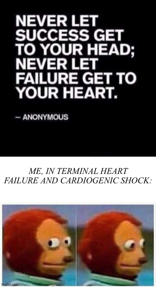 Darkly uplifting quotation | ME, IN TERMINAL HEART FAILURE AND CARDIOGENIC SHOCK: | image tagged in memes,monkey puppet,failure,success,hospital | made w/ Imgflip meme maker