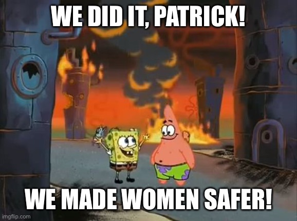 "We did it, Patrick! We saved the City!" | WE DID IT, PATRICK! WE MADE WOMEN SAFER! | image tagged in we did it patrick we saved the city | made w/ Imgflip meme maker