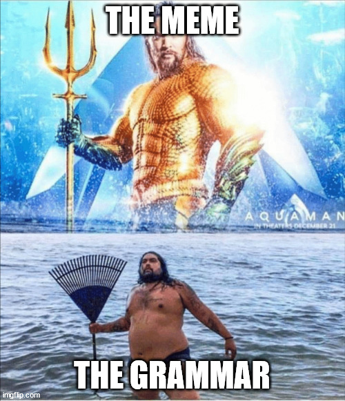 THE MEME THE GRAMMAR | image tagged in high quality vs low quality aquaman | made w/ Imgflip meme maker