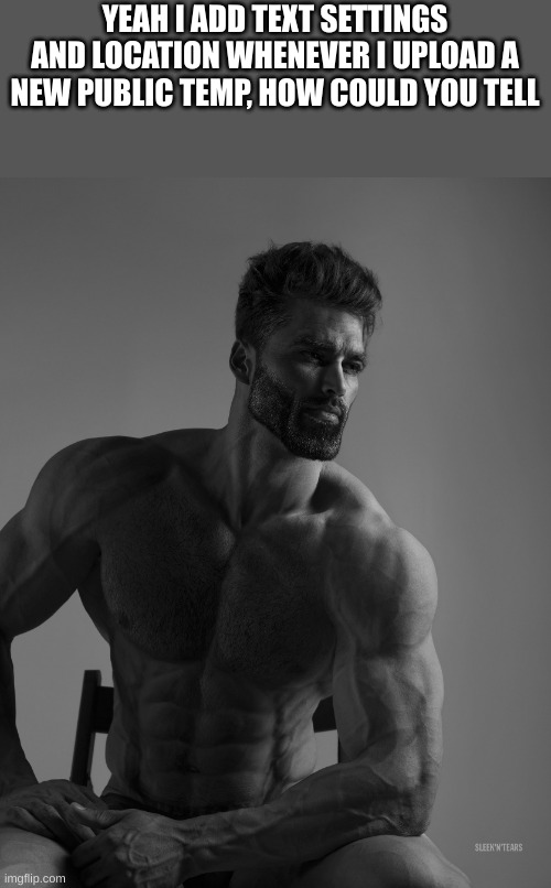 Giga Chad | YEAH I ADD TEXT SETTINGS AND LOCATION WHENEVER I UPLOAD A NEW PUBLIC TEMP, HOW COULD YOU TELL | image tagged in giga chad | made w/ Imgflip meme maker