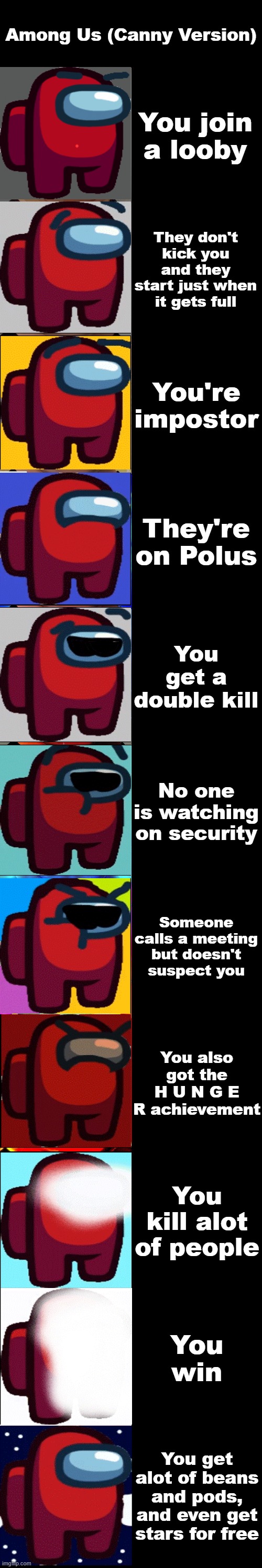 Among Us becoming Canny | Among Us (Canny Version); You join a looby; They don't kick you and they start just when it gets full; You're impostor; They're on Polus; You get a double kill; No one is watching on security; Someone calls a meeting but doesn't suspect you; You also got the H U N G E R achievement; You kill alot of people; You win; You get alot of beans and pods, and even get stars for free | image tagged in among us becoming canny | made w/ Imgflip meme maker