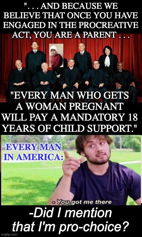 Fair's fair | ". . . AND BECAUSE WE BELIEVE THAT ONCE YOU HAVE ENGAGED IN THE PROCREATIVE ACT, YOU ARE A PARENT . . . "EVERY MAN WHO GETS A WOMAN PREGNANT WILL PAY A MANDATORY 18 YEARS OF CHILD SUPPORT."; EVERY MAN IN AMERICA:; -Did I mention that I'm pro-choice? | image tagged in supreme court,memes,first world problems,abortion,women's rights | made w/ Imgflip meme maker