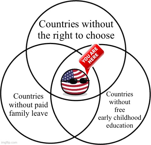 No nation on earth is more protective of the freedom to have a miserable parenting experience | Countries without the right to choose; Countries without free early childhood education; Countries without paid family leave | image tagged in venn diagram,'murica,freedom in murica,murica,abortion,pro-choice | made w/ Imgflip meme maker