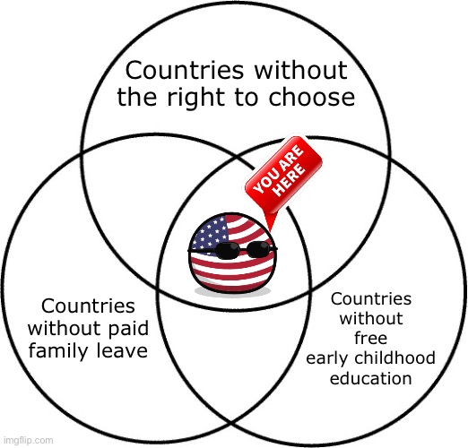 Y’know I wonder if we might oughta expand that social safety net for all these kids we’re gonna force to be birthed | Countries without the right to choose; Countries without free early childhood education; Countries without paid family leave | image tagged in venn diagram | made w/ Imgflip meme maker