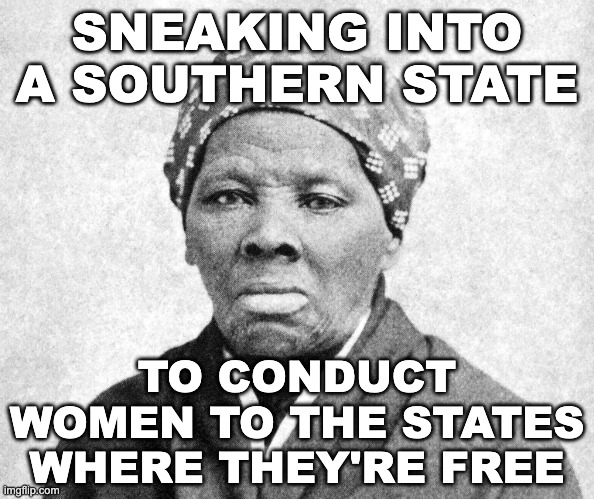 Go down, Moses, way down to Egypt land, and tell Greg Abbott: Let my people go. | SNEAKING INTO A SOUTHERN STATE; TO CONDUCT WOMEN TO THE STATES WHERE THEY'RE FREE | image tagged in harriet tubman,freedom,underground railway,abortion,women's rights | made w/ Imgflip meme maker