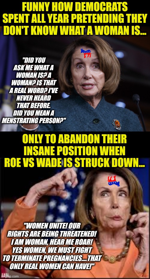 I love how Roe V Wade was struck down during an insane liberal democrat's presidency! Go Brandon!!! | "DID YOU ASK ME WHAT A WOMAN IS? A WOMAN? IS THAT A REAL WORD? I'VE NEVER HEARD THAT BEFORE. DID YOU MEAN A MENSTRATING PERSON?"; FUNNY HOW DEMOCRATS SPENT ALL YEAR PRETENDING THEY DON'T KNOW WHAT A WOMAN IS... ONLY TO ABANDON THEIR INSANE POSITION WHEN ROE VS WADE IS STRUCK DOWN... "WOMEN UNITE! OUR RIGHTS ARE BEING THREATENED! I AM WOMAN, HEAR ME ROAR! YES WOMEN, WE MUST FIGHT TO TERMINATE PREGNANCIES....THAT ONLY REAL WOMEN CAN HAVE!" | image tagged in good old nancy pelosi,crazy nancy pelosi,abortion,reverse,liberal logic,hilarious | made w/ Imgflip meme maker