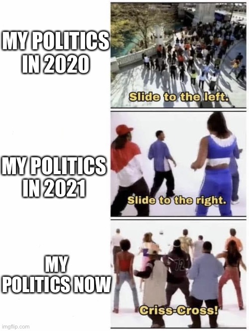 Slide to the left | MY POLITICS IN 2020; MY POLITICS IN 2021; MY POLITICS NOW | image tagged in slide to the left | made w/ Imgflip meme maker