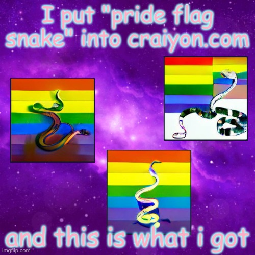 i think this is a series now | I put "pride flag snake" into craiyon.com; and this is what i got | image tagged in lgbtq,lgbt,snake,flag | made w/ Imgflip meme maker