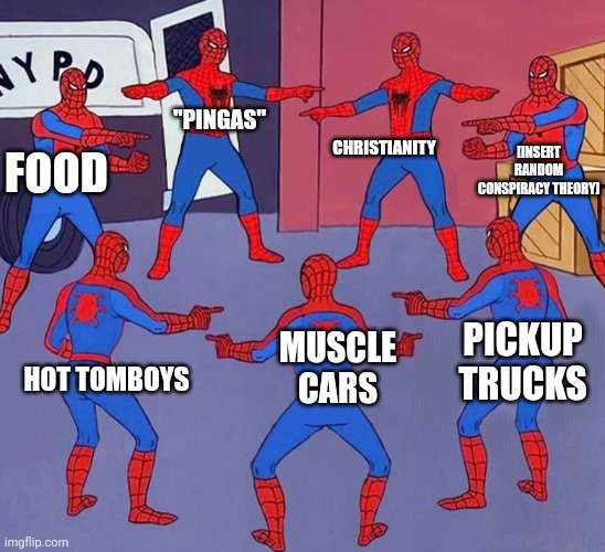 Literally my brain | "PINGAS"; CHRISTIANITY; [INSERT RANDOM CONSPIRACY THEORY]; FOOD; PICKUP TRUCKS; MUSCLE CARS; HOT TOMBOYS | image tagged in same spider man 7 | made w/ Imgflip meme maker