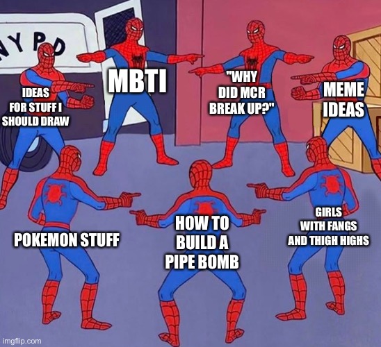 my brain rn | MBTI; "WHY DID MCR BREAK UP?"; IDEAS FOR STUFF I SHOULD DRAW; MEME IDEAS; GIRLS WITH FANGS AND THIGH HIGHS; HOW TO BUILD A PIPE BOMB; POKEMON STUFF | image tagged in same spider man 7 | made w/ Imgflip meme maker