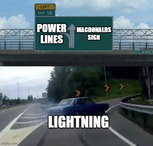 Car Drift Meme | POWER LINES MACDONALDS SIGN LIGHTNING | image tagged in car drift meme | made w/ Imgflip meme maker