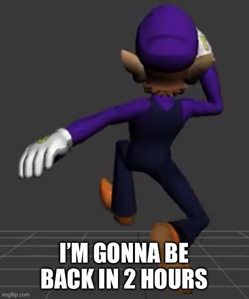 Waluigi Running | I’M GONNA BE BACK IN 2 HOURS | image tagged in waluigi running | made w/ Imgflip meme maker