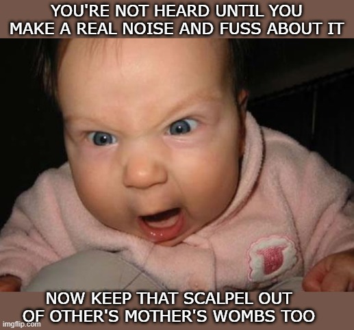 Abortion | YOU'RE NOT HEARD UNTIL YOU MAKE A REAL NOISE AND FUSS ABOUT IT; NOW KEEP THAT SCALPEL OUT OF OTHER'S MOTHER'S WOMBS TOO | image tagged in memes,evil baby,abortion | made w/ Imgflip meme maker