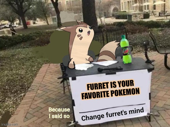 Furrrrr furret fur fur | FURRET IS YOUR FAVORITE POKEMON; Because I said so | image tagged in change furret's mind,furret,best,pokemon | made w/ Imgflip meme maker