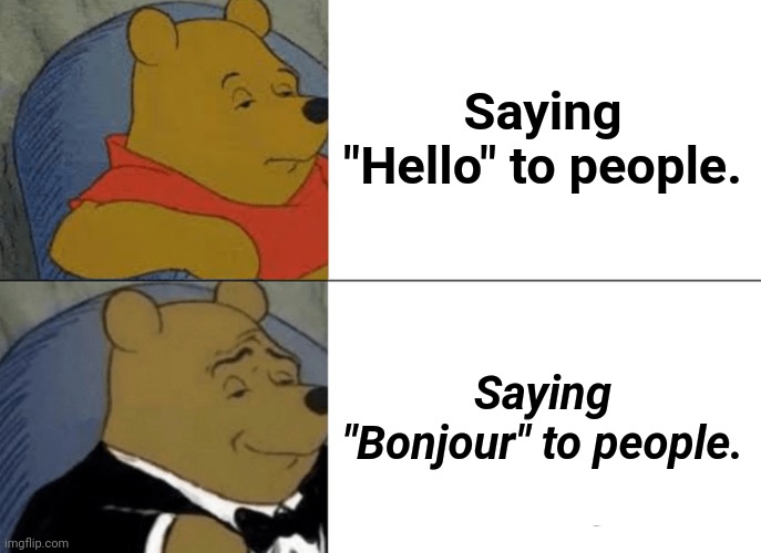 Are u feeling kinda french-y today? | Saying "Hello" to people. Saying "Bonjour" to people. | image tagged in memes,tuxedo winnie the pooh | made w/ Imgflip meme maker