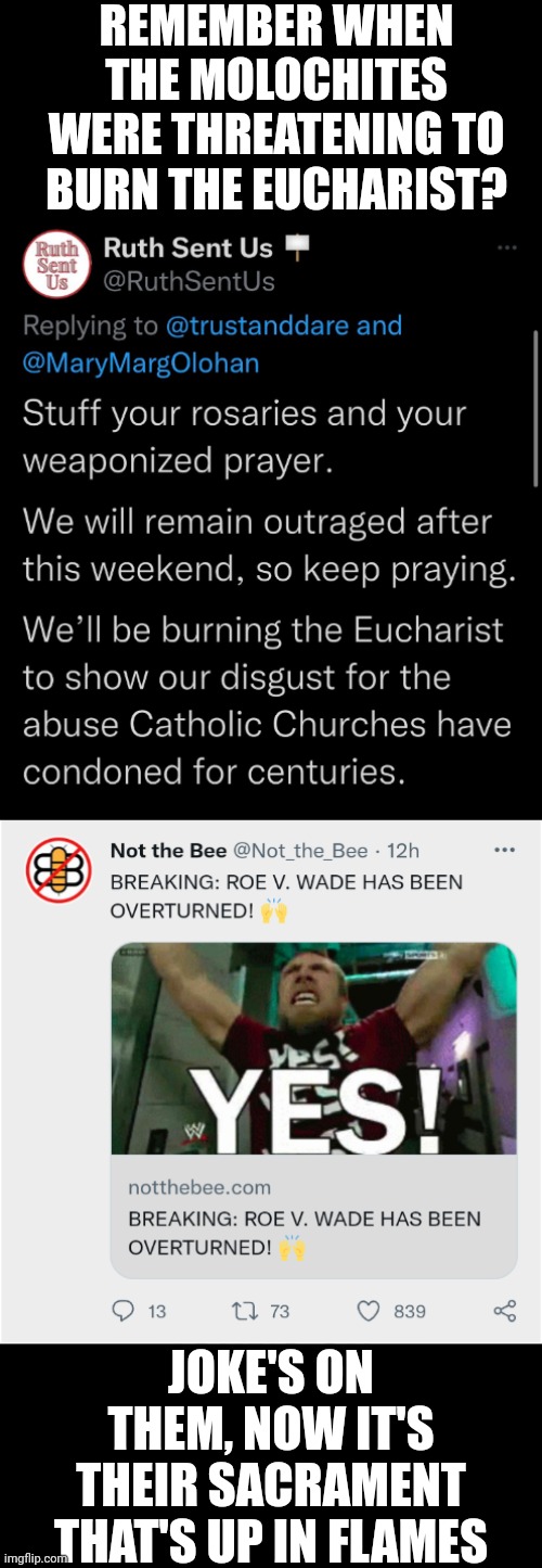 REMEMBER WHEN THE MOLOCHITES WERE THREATENING TO BURN THE EUCHARIST? JOKE'S ON THEM, NOW IT'S THEIR SACRAMENT THAT'S UP IN FLAMES | image tagged in meme,abortion is murder | made w/ Imgflip meme maker