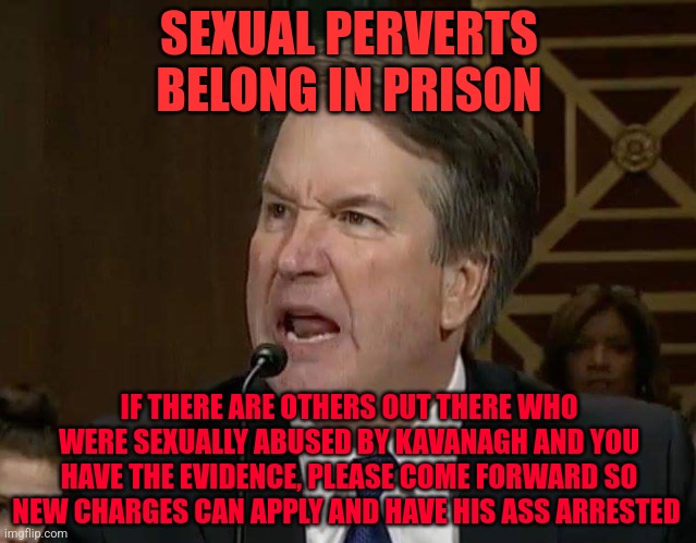Brett Kavanaugh | SEXUAL PERVERTS  BELONG IN PRISON; IF THERE ARE OTHERS OUT THERE WHO WERE SEXUALLY ABUSED BY KAVANAGH AND YOU HAVE THE EVIDENCE, PLEASE COME FORWARD SO NEW CHARGES CAN APPLY AND HAVE HIS ASS ARRESTED | image tagged in brett kavanaugh | made w/ Imgflip meme maker