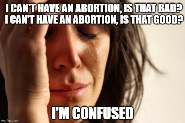 In the wake of Roe v Wade being overturned |  I CAN'T HAVE AN ABORTION, IS THAT BAD? I CAN'T HAVE AN ABORTION, IS THAT GOOD? I'M CONFUSED | image tagged in first world problems,abortion,supreme court,confused woman,i think we all know where this is going,why would they do this | made w/ Imgflip meme maker