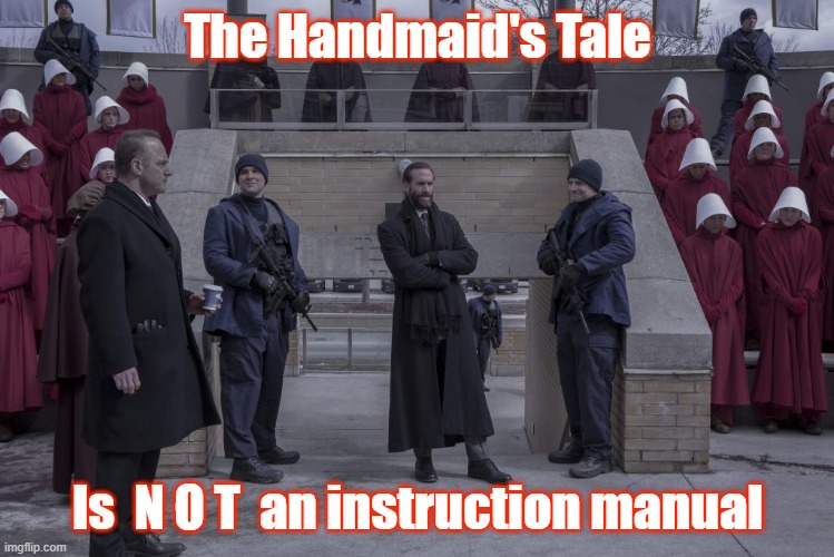 Handmaid's tale     handmaid     pregnancy    weapons | The Handmaid's Tale; Is  N O T  an instruction manual | image tagged in ill just wait here | made w/ Imgflip meme maker