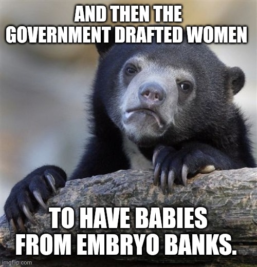 Confession Bear | AND THEN THE GOVERNMENT DRAFTED WOMEN; TO HAVE BABIES FROM EMBRYO BANKS. | image tagged in memes,confession bear | made w/ Imgflip meme maker