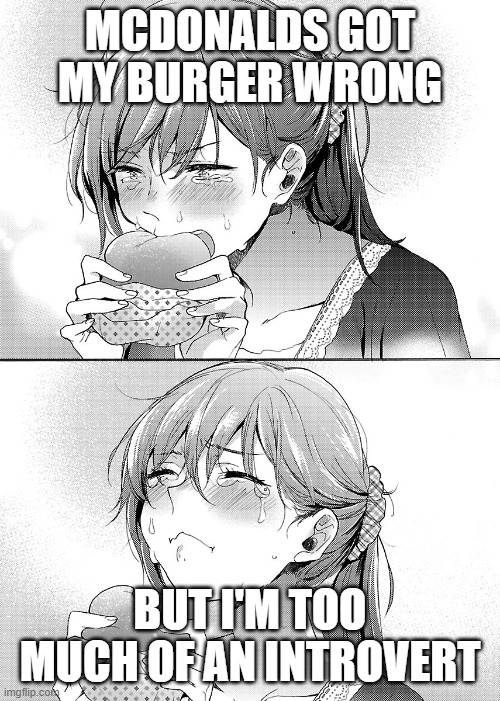 Borgir | MCDONALDS GOT MY BURGER WRONG; BUT I'M TOO MUCH OF AN INTROVERT | image tagged in anime girl eating burger crying | made w/ Imgflip meme maker