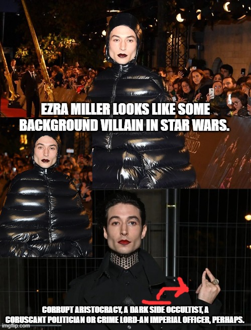 Or a combination of those things. He might work with or for the Imperials but he would have his own agenda. |  EZRA MILLER LOOKS LIKE SOME BACKGROUND VILLAIN IN STAR WARS. CORRUPT ARISTOCRACY, A DARK SIDE OCCULTIST, A CORUSCANT POLITICIAN OR CRIME LORD-AN IMPERIAL OFFICER, PERHAPS. | image tagged in star wars,scumbag hollywood,hollywood,empire,roman empire,the dark side | made w/ Imgflip meme maker