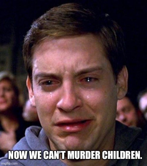 crying peter parker | NOW WE CAN’T MURDER CHILDREN. | image tagged in crying peter parker | made w/ Imgflip meme maker