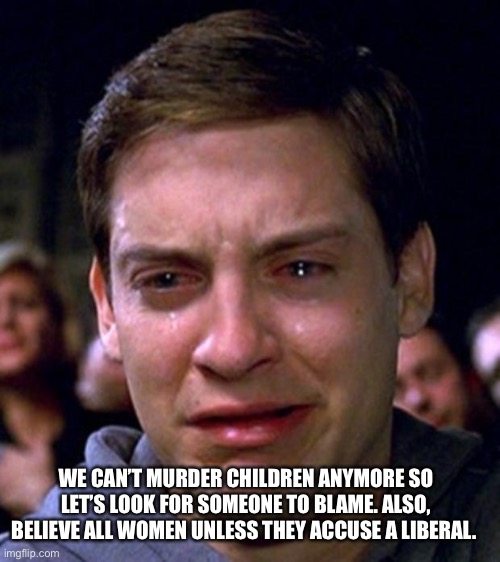 crying peter parker | WE CAN’T MURDER CHILDREN ANYMORE SO LET’S LOOK FOR SOMEONE TO BLAME. ALSO, BELIEVE ALL WOMEN UNLESS THEY ACCUSE A LIBERAL. | image tagged in crying peter parker | made w/ Imgflip meme maker