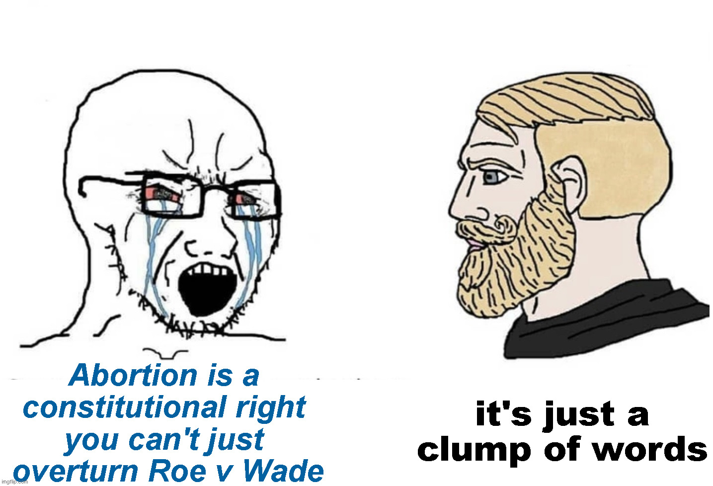 Just a Clump of Words | Abortion is a
constitutional right
you can't just
 overturn Roe v Wade; it's just a
clump of words | image tagged in soyboy vs yes chad,roe v wade,abortion | made w/ Imgflip meme maker