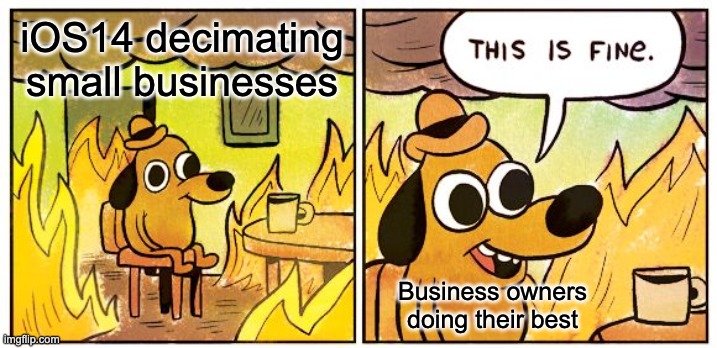 iOS 14 | iOS14 decimating small businesses; Business owners doing their best | image tagged in memes,this is fine | made w/ Imgflip meme maker