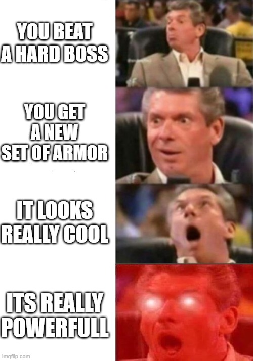 Good armor | YOU BEAT A HARD BOSS; YOU GET A NEW SET OF ARMOR; IT LOOKS REALLY COOL; ITS REALLY POWERFULL | image tagged in mr mcmahon reaction | made w/ Imgflip meme maker