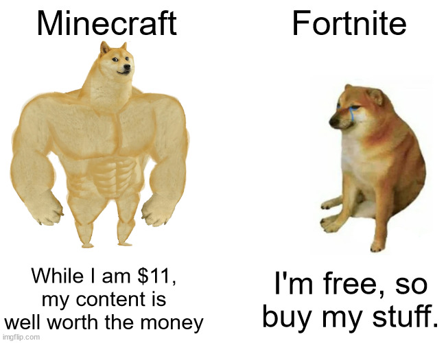 FoRtNiTe Is BeTtEr ThAn MiNeCrAfT | Minecraft; Fortnite; While I am $11, my content is well worth the money; I'm free, so buy my stuff. | image tagged in memes,buff doge vs cheems | made w/ Imgflip meme maker