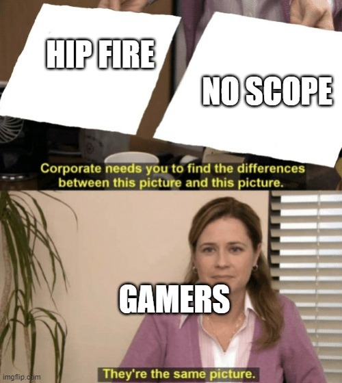 Corporate needs you to find the differences | NO SCOPE; HIP FIRE; GAMERS | image tagged in corporate needs you to find the differences | made w/ Imgflip meme maker
