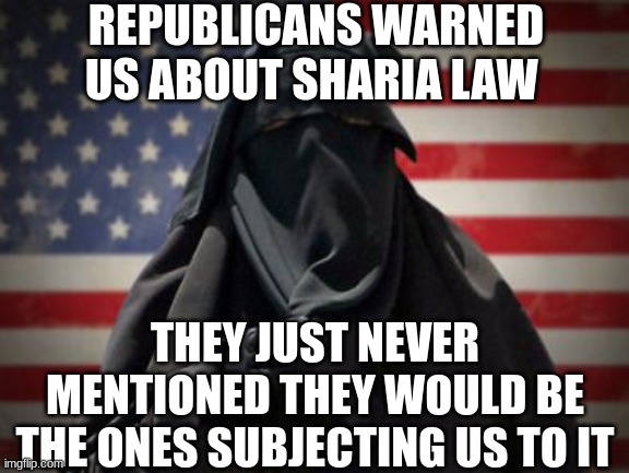 Ban Sharia Law ASAP | REPUBLICANS WARNED US ABOUT SHARIA LAW THEY JUST NEVER MENTIONED THEY WOULD BE THE ONES SUBJECTING US TO IT | image tagged in ban sharia law asap | made w/ Imgflip meme maker