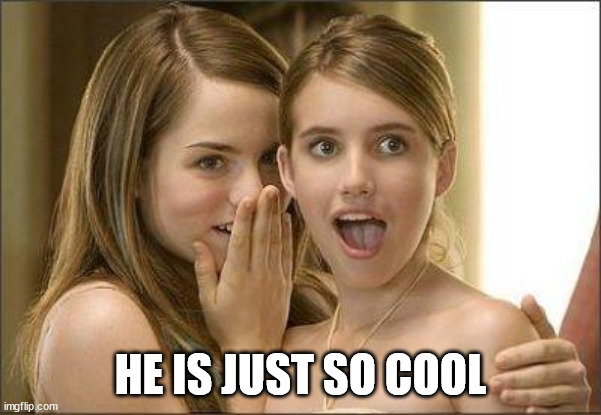 Girls gossiping | HE IS JUST SO COOL | image tagged in girls gossiping | made w/ Imgflip meme maker