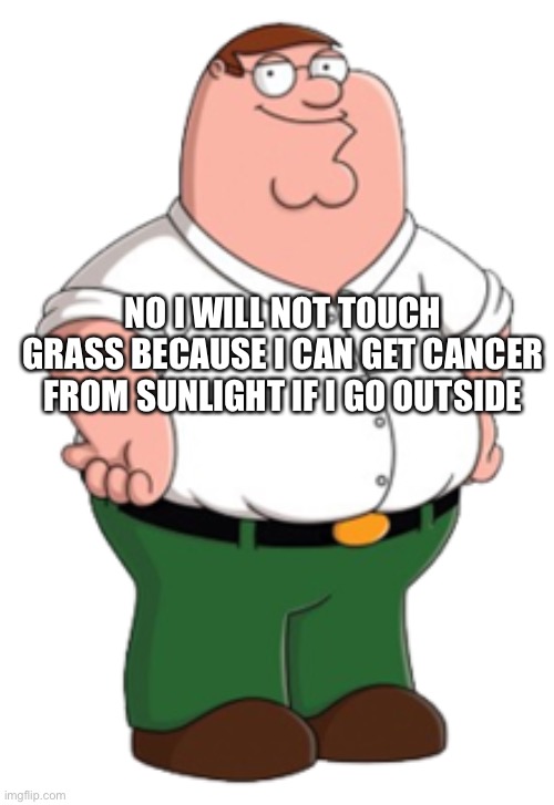 Peter Griffin | NO I WILL NOT TOUCH GRASS BECAUSE I CAN GET CANCER FROM SUNLIGHT IF I GO OUTSIDE | image tagged in peter griffin | made w/ Imgflip meme maker