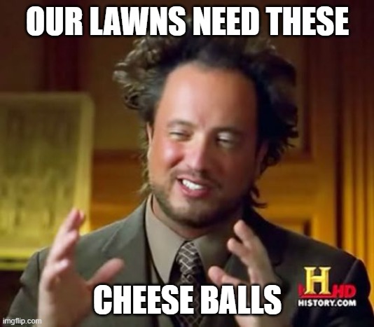 Ancient Aliens Meme | OUR LAWNS NEED THESE CHEESE BALLS | image tagged in memes,ancient aliens | made w/ Imgflip meme maker