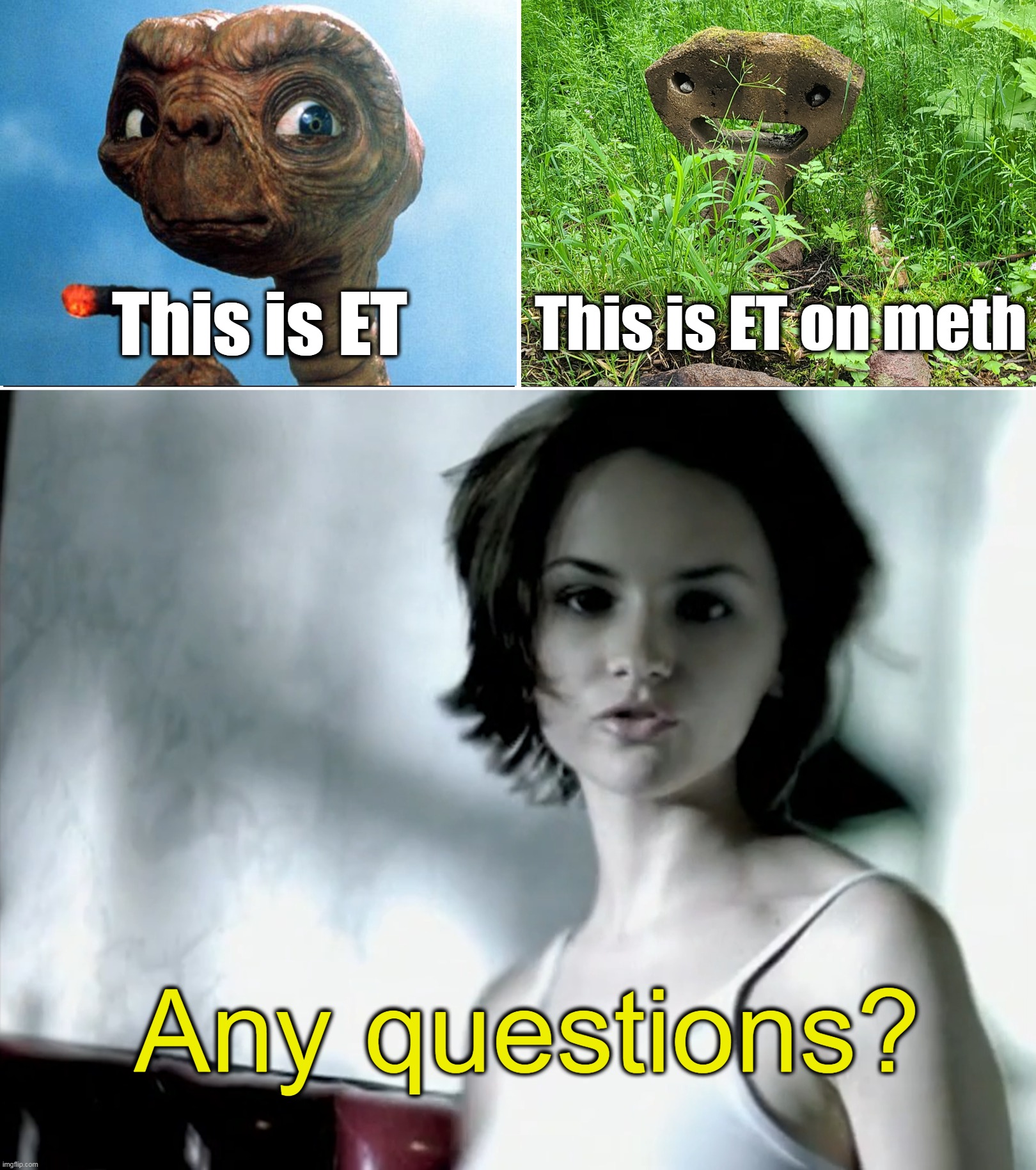 ET Phone Rehab |  This is ET; This is ET on meth; Any questions? | image tagged in memes,blank comic panel 2x1,meme,dank memes,dark humor | made w/ Imgflip meme maker