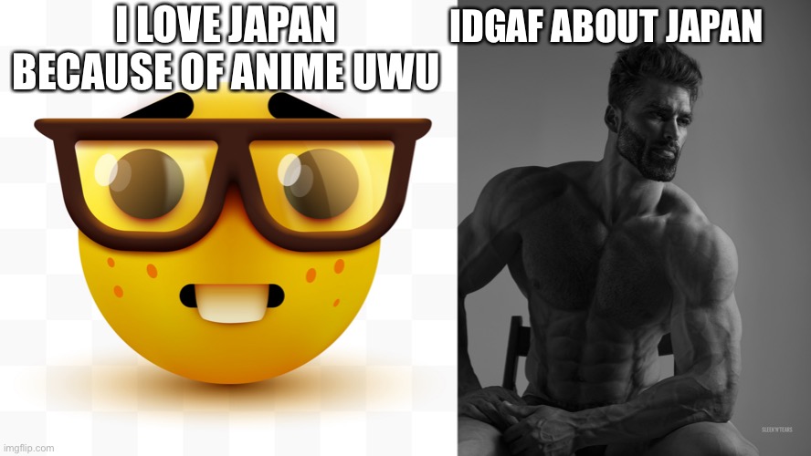 IDGAF ABOUT JAPAN; I LOVE JAPAN BECAUSE OF ANIME UWU | image tagged in nerd emoji,giga chad | made w/ Imgflip meme maker